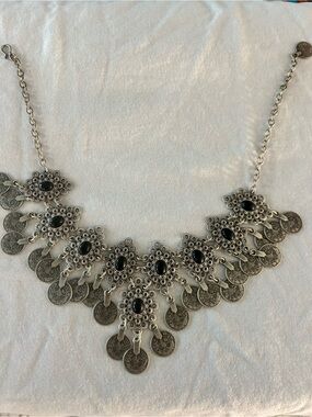 Bohemian Black Stone Silver-Tone Coin Fringe Necklace